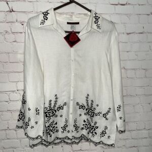Blaine Trump Women’s 100% Linen‎ size M Blouse White Shirt Button Up Embroidered